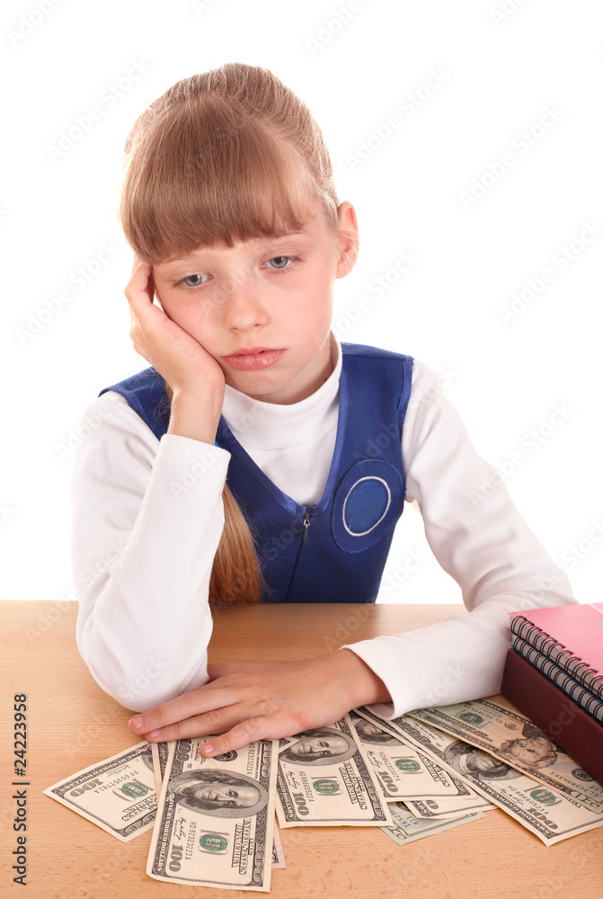 Sad child with money dollar.