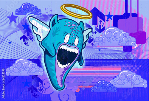 Criatura angelical con elementos sobre fondo azul