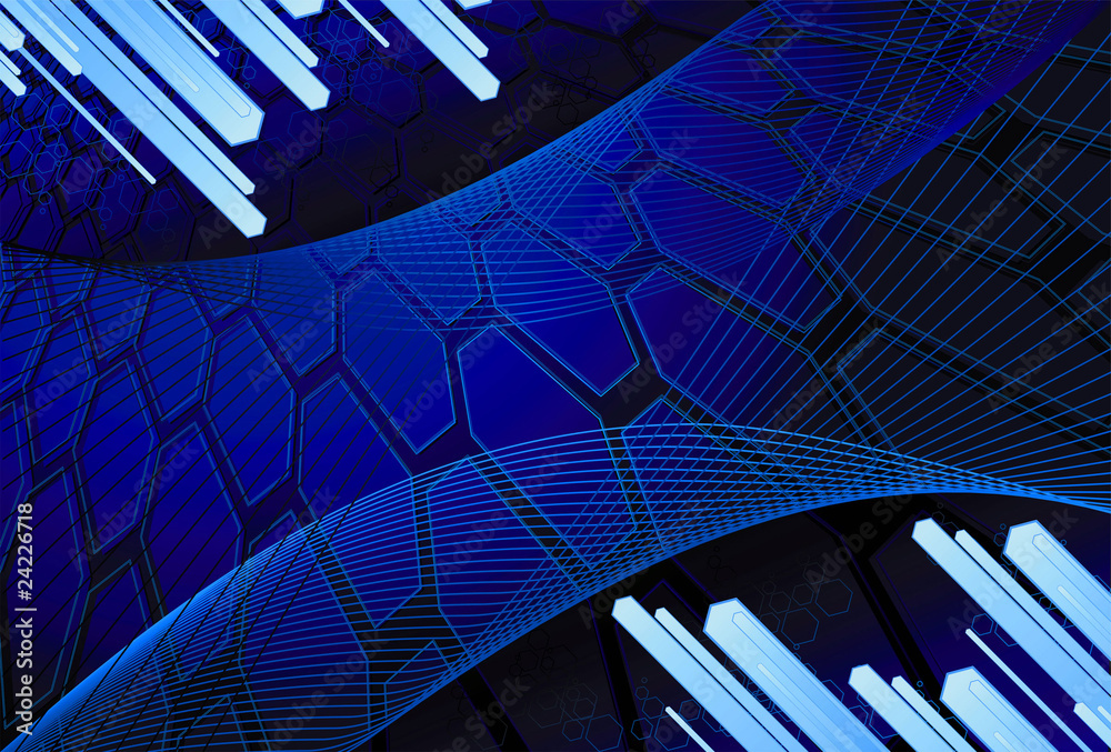 Fondo decorativo con hexagonos y barras diagonales en azul