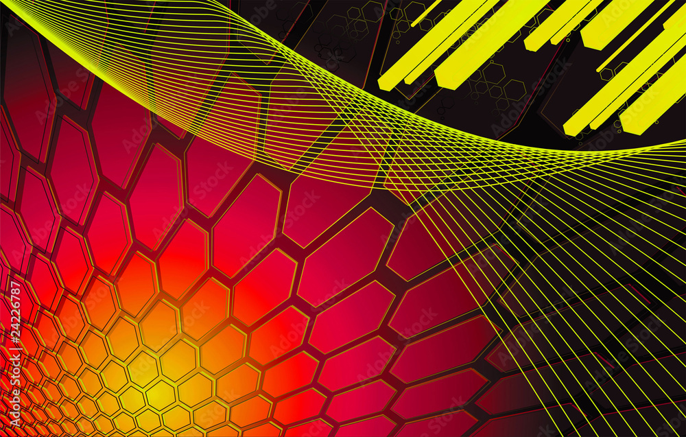 Fondo decorativo con hexagonos y barras diagonales en rojo