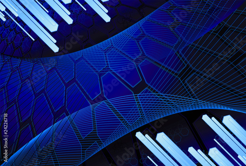 Fondo decorativo con hexagonos y barras diagonales en azul