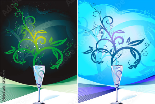 Composición de copa de cristal con elemento natural