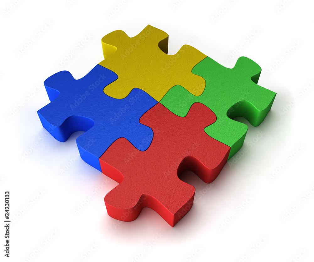 Four puzzle pieces interconnected with each other over white Four puzzle pieces interconnected with each other over white