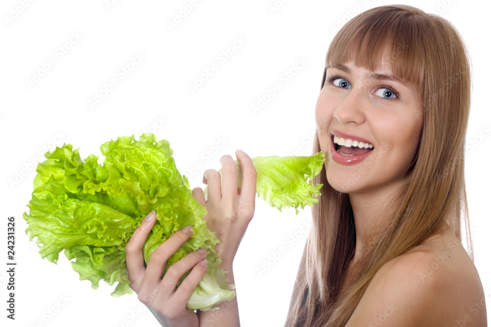 portrait of happy woman with lettuce over white