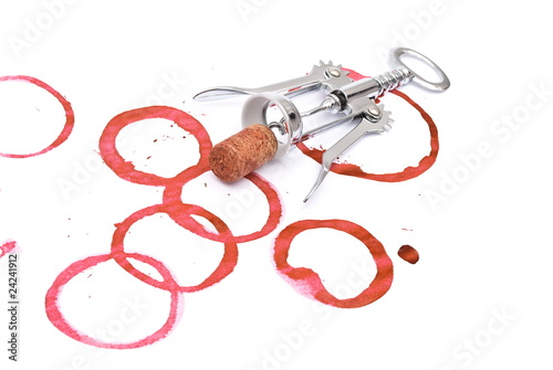 Fotografi Wine cork, corkscrew and round, red wine stain