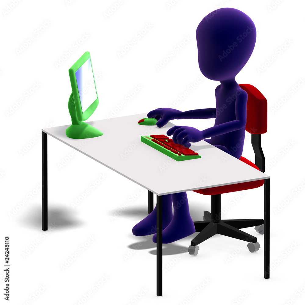 symbolic 3d male toon character working with a computer. 3D rend