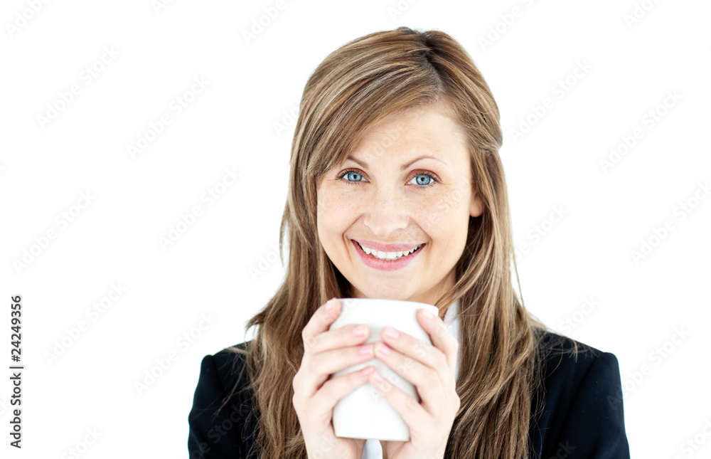 Handsome businesswoman drinking a coffee against a white backgr Handsome businesswoman drinking a coffee against a white backgr