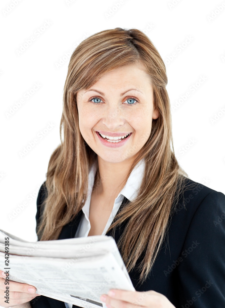 Joyful businesswoman reading a newspaper Joyful businesswoman reading a newspaper