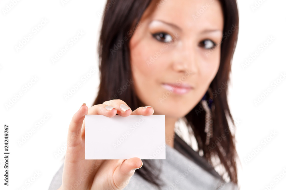 woman with blank business card in hand woman with blank business card in hand