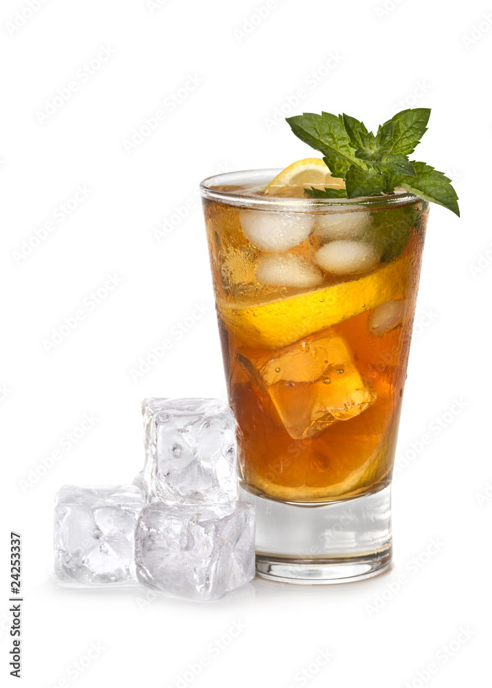 Glass of iced tea - ice tea with ice cubes and mint leaves on white background Glass of iced tea - ice tea with ice cubes and mint leaves on white background