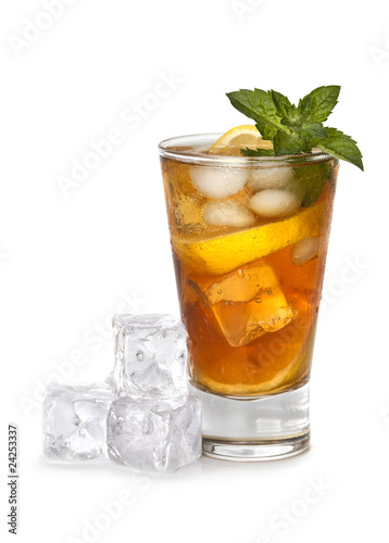 Glass of iced tea - ice tea with ice cubes and mint leaves on white background