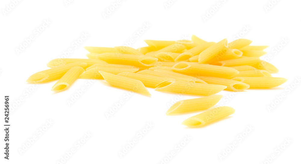 penne dried pasta pieces isolated on white background