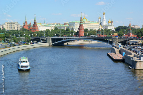 Moscow Kremlin wall and Moscow river with ship