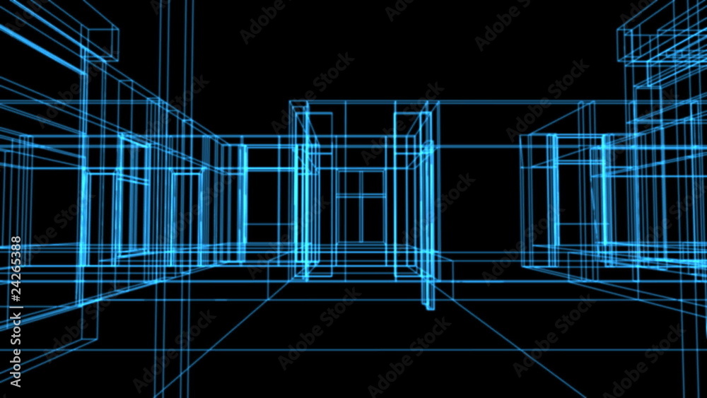 Wire frame house as animated blue print - HD