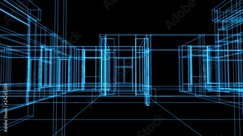Wire frame house as animated blue print - HD