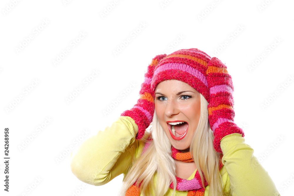 Seasonal portrait of pretty funny woman in hat and gloves scream Seasonal portrait of pretty funny woman in hat and gloves scream