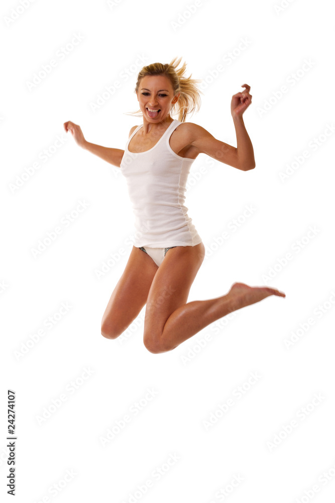 woman in lingerie jumping