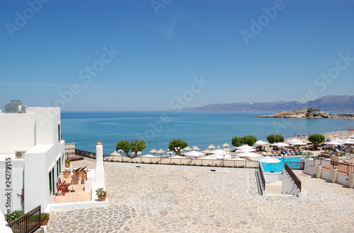 Traditional Greek villa architecture and beach, Crete, Greece