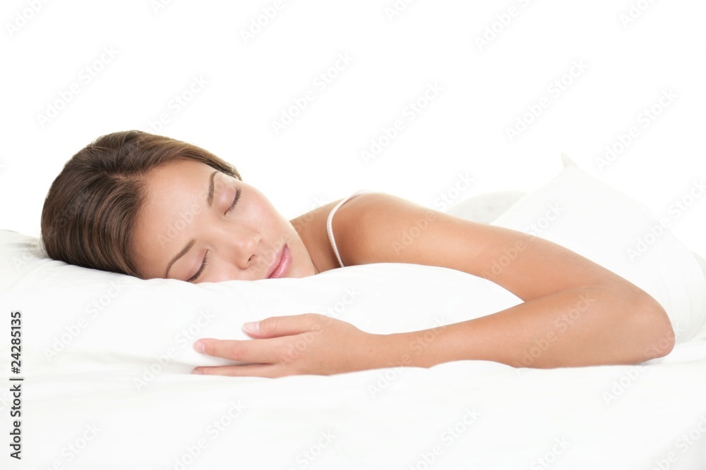 Woman sleeping on white background - obrazy, fototapety, plakaty 