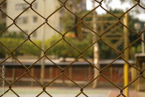 A perspective view of a basketball court in a housing estate