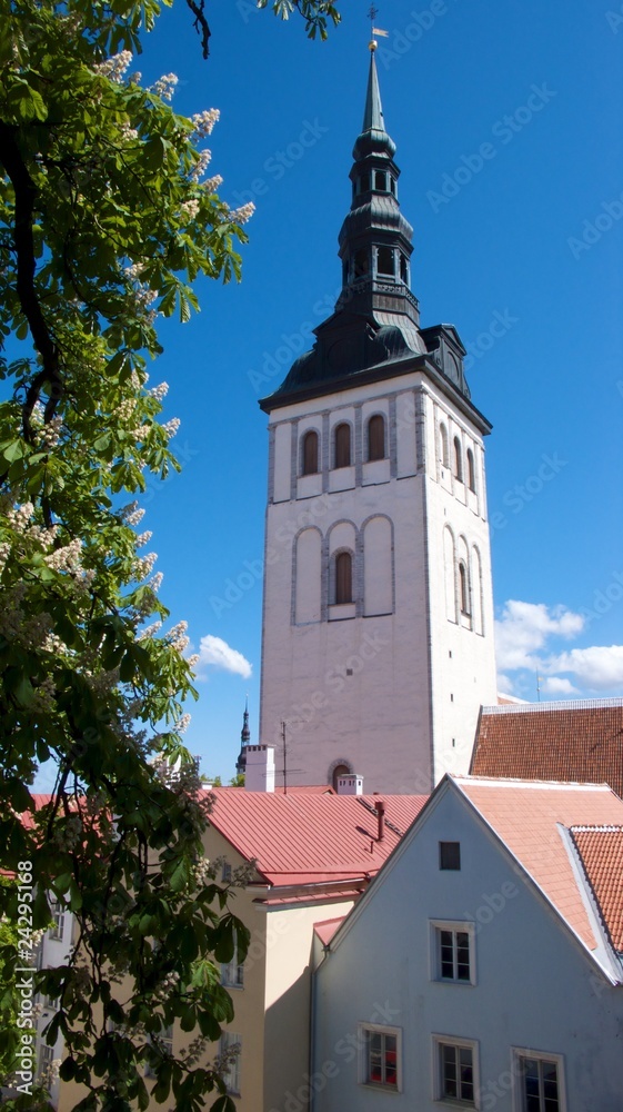 Medieval church spire in Tallinn Estonia