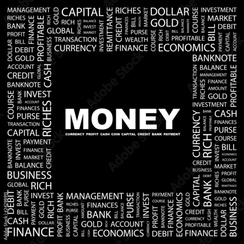 MONEY. Square frame with association terms.