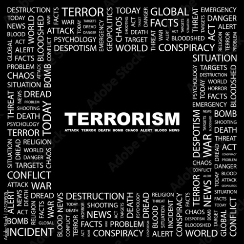 TERRORISM. Collage with association terms on black background.