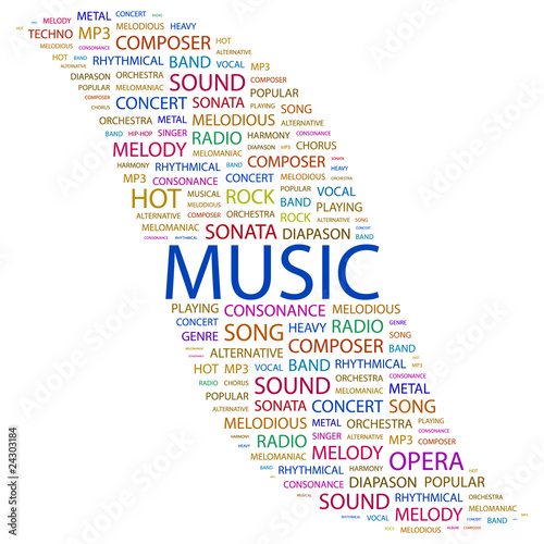 MUSIC. Collage with association terms on white background.