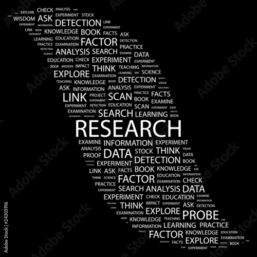 RESEARCH. Word collage on black background.