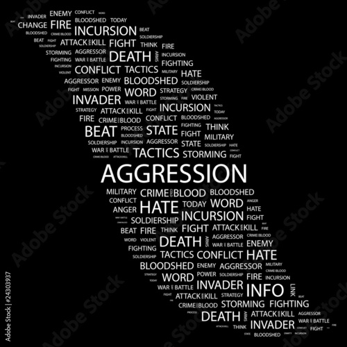 AGGRESSION. Collage with association terms on black background.
