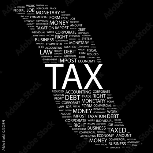 TAX. Collage with association terms on black background.