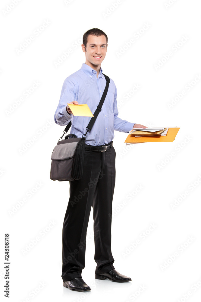 A postman delivering mail isolated on white background A postman delivering mail isolated on white background