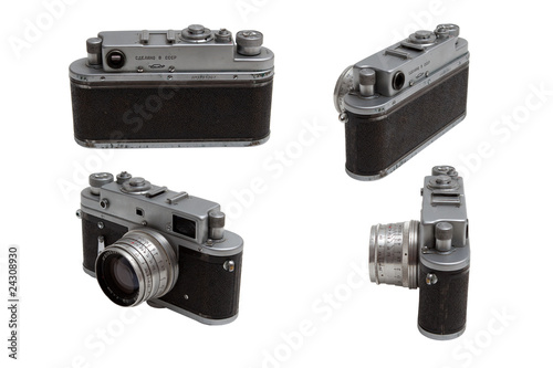 Old russian camera in four different angles, isolated on white