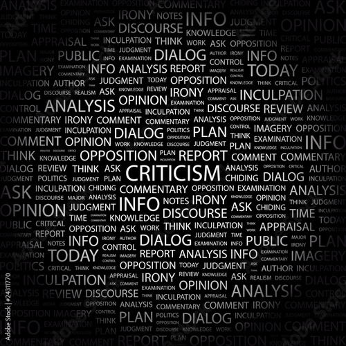 CRITICISM. Collage with association terms on black background.