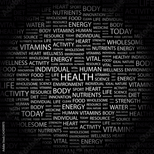 HEALTH. Collage with association terms on black background.
