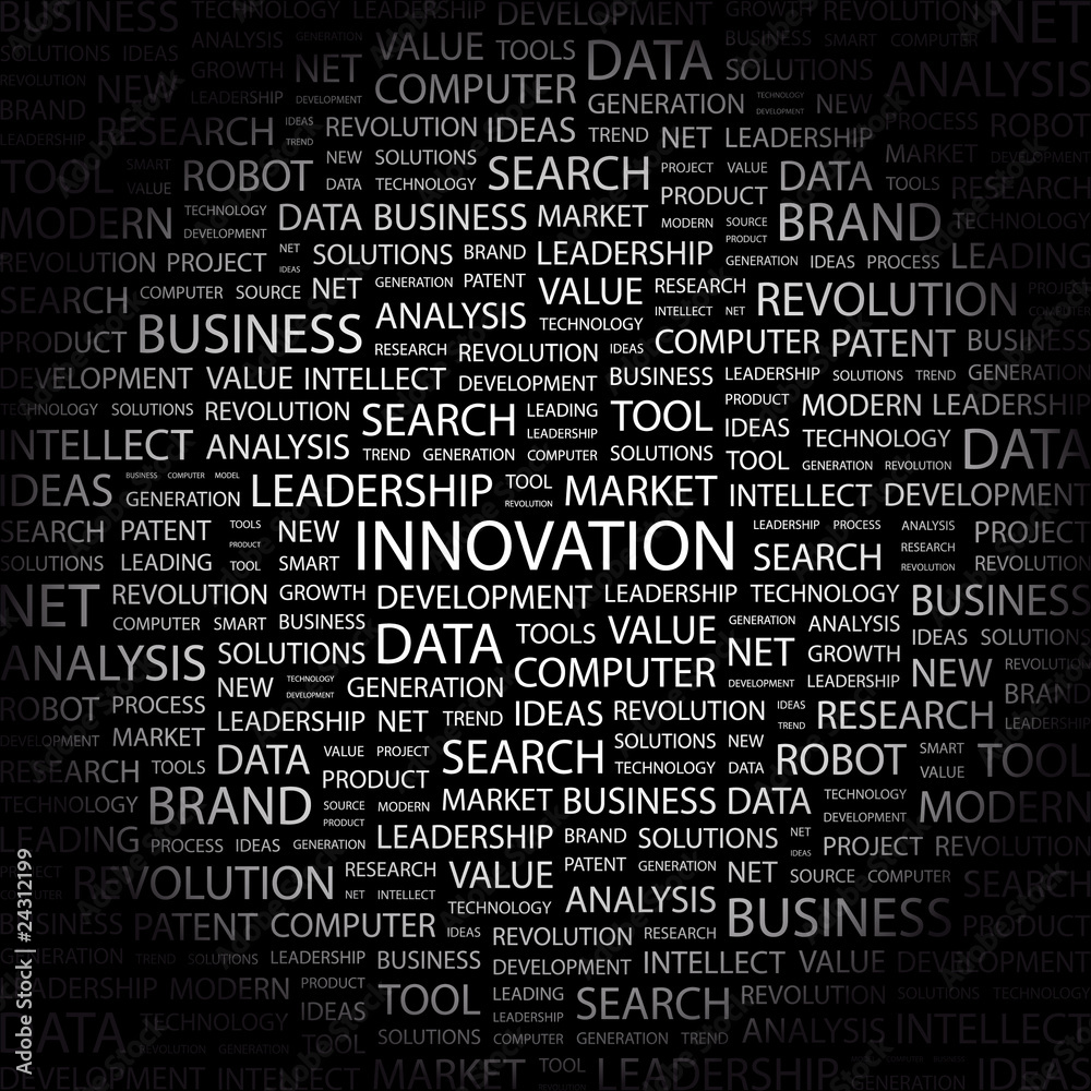 INNOVATION. Collage with association terms on black background. INNOVATION. Collage with association terms on black background.