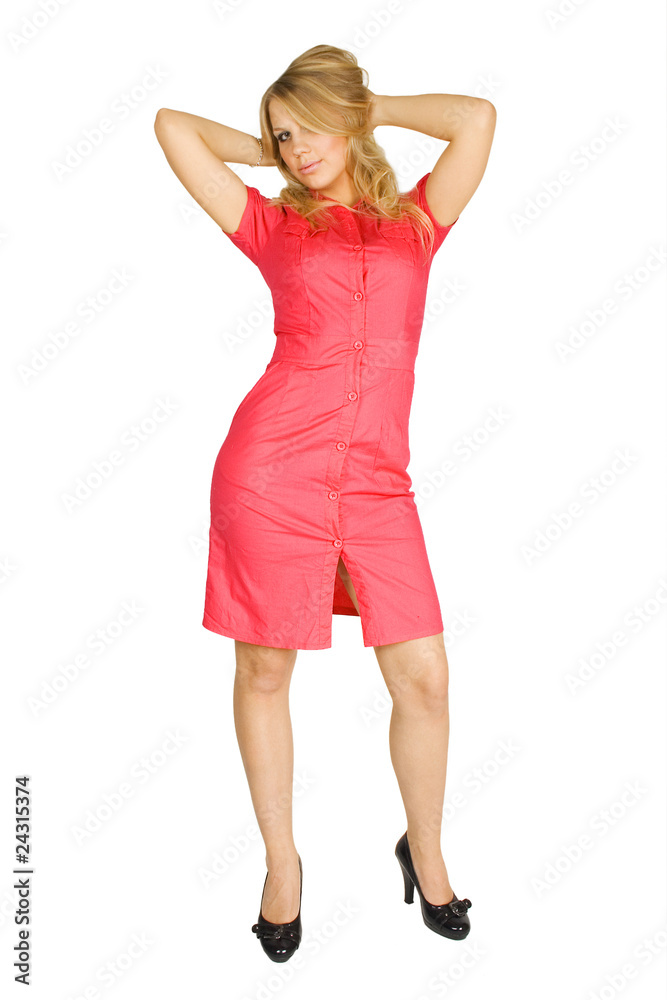 beauty blond girl in red dress and black heels looking at camera beauty blond girl in red dress and black heels looking at camera