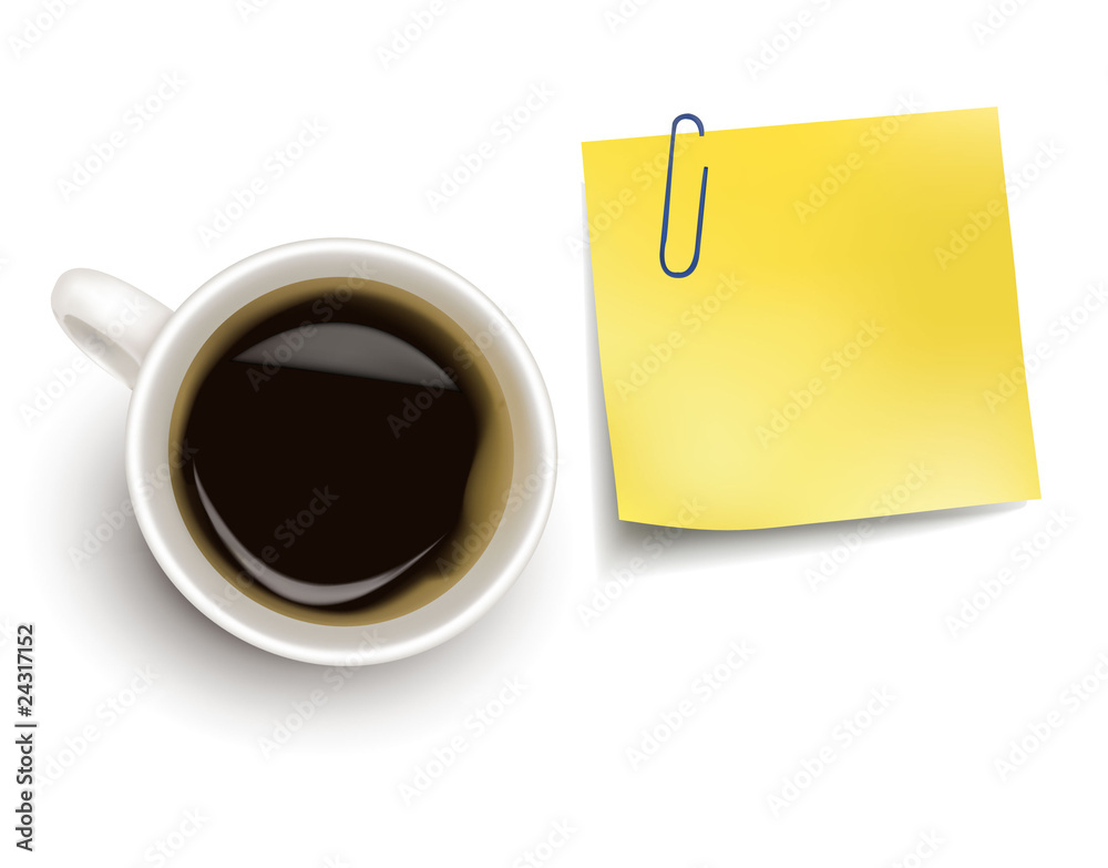 Yellow sticker note and a cup of coffee. Vector. Yellow sticker note and a cup of coffee. Vector.