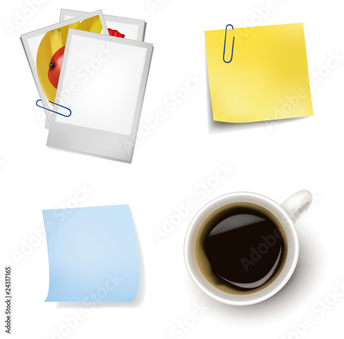Sticker notes and a cup of coffee. Photo-realistic vector.