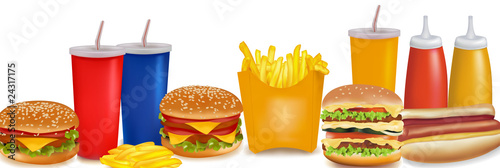 Big group of fast food products. Photo-realistic vector.