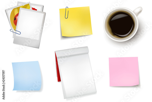 Sticker notes and a cup of coffee. Photo-realistic vector.