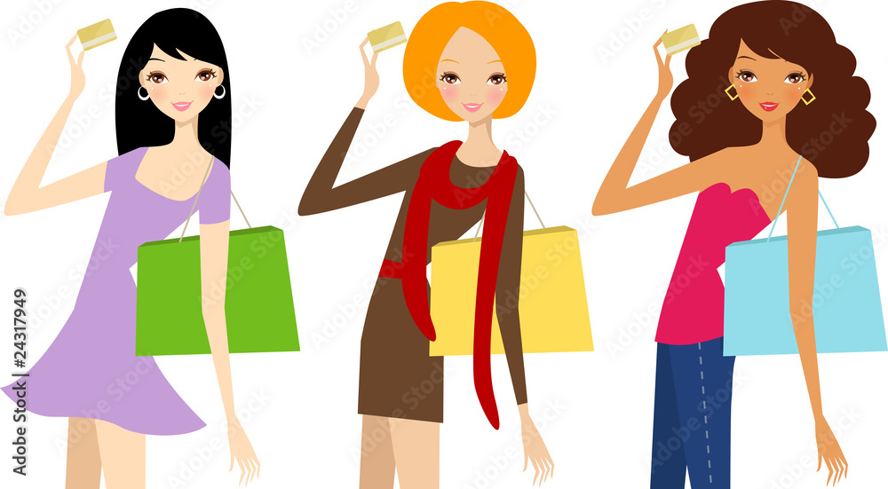 three fashion women with card and shopping bags three fashion women with card and shopping bags