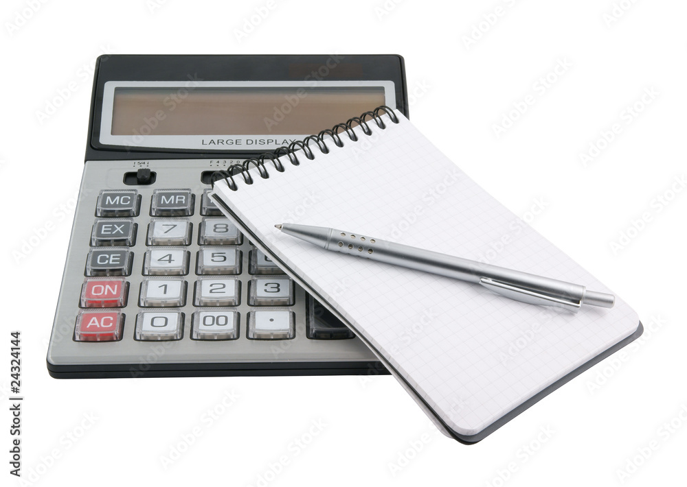 Pen on notebook and calculator isolated on white background Pen on notebook and calculator isolated on white background