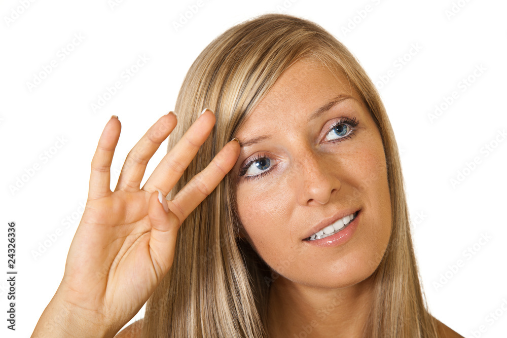 Young adult caucasian blond tan woman portrait on white backgrou Young adult caucasian blond tan woman portrait on white backgrou