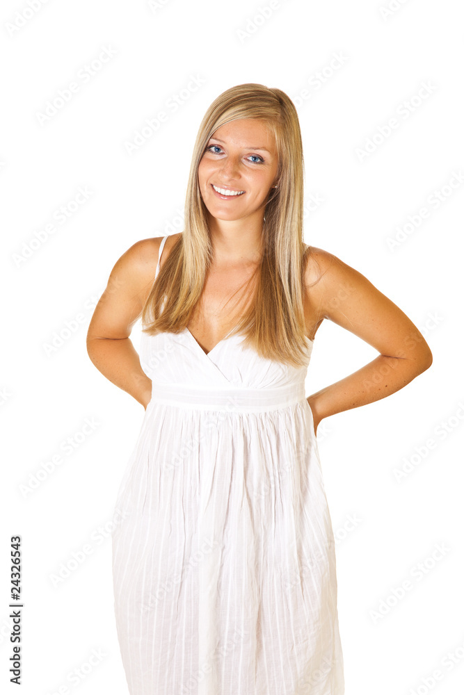 Tan blond caucasian woman in white dress isolated Tan blond caucasian woman in white dress isolated