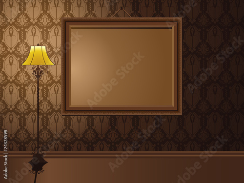 Vintage Frame hanging on wall with antique lamp.