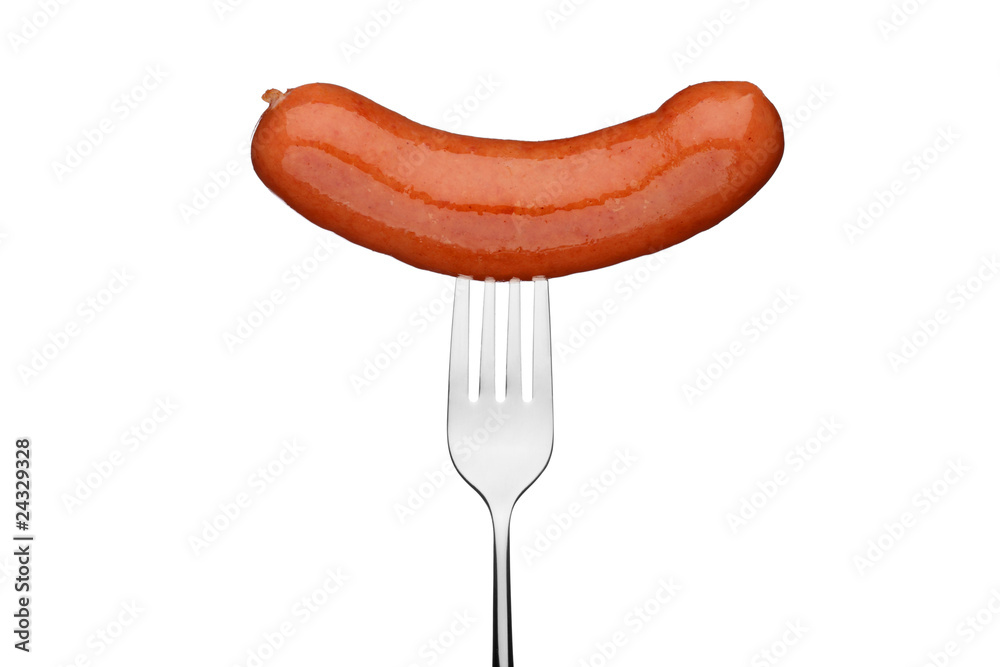 Close up of sausage and fork isolated on white background Close up of sausage and fork isolated on white background