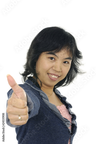 Girl with thumbs up on white