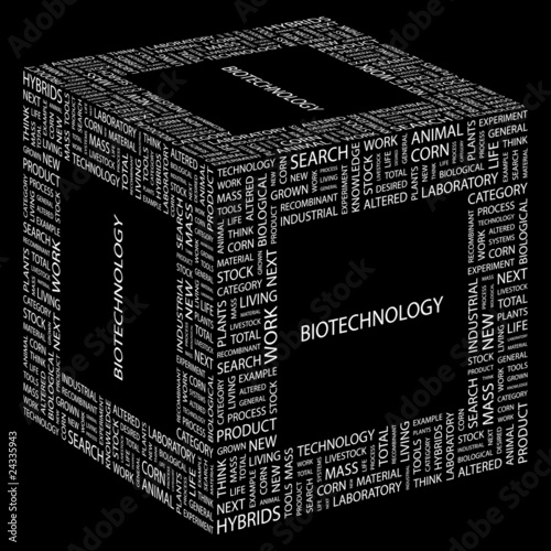 BIOTECHNOLOGY. Word collage on black background.