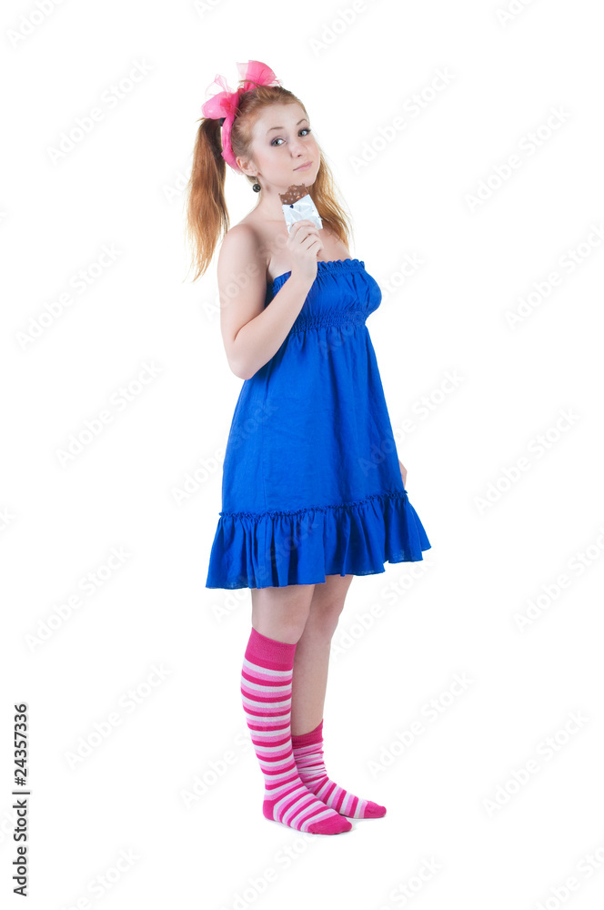lovely red-haired girl in dark blue sundress. lovely red-haired girl in dark blue sundress.